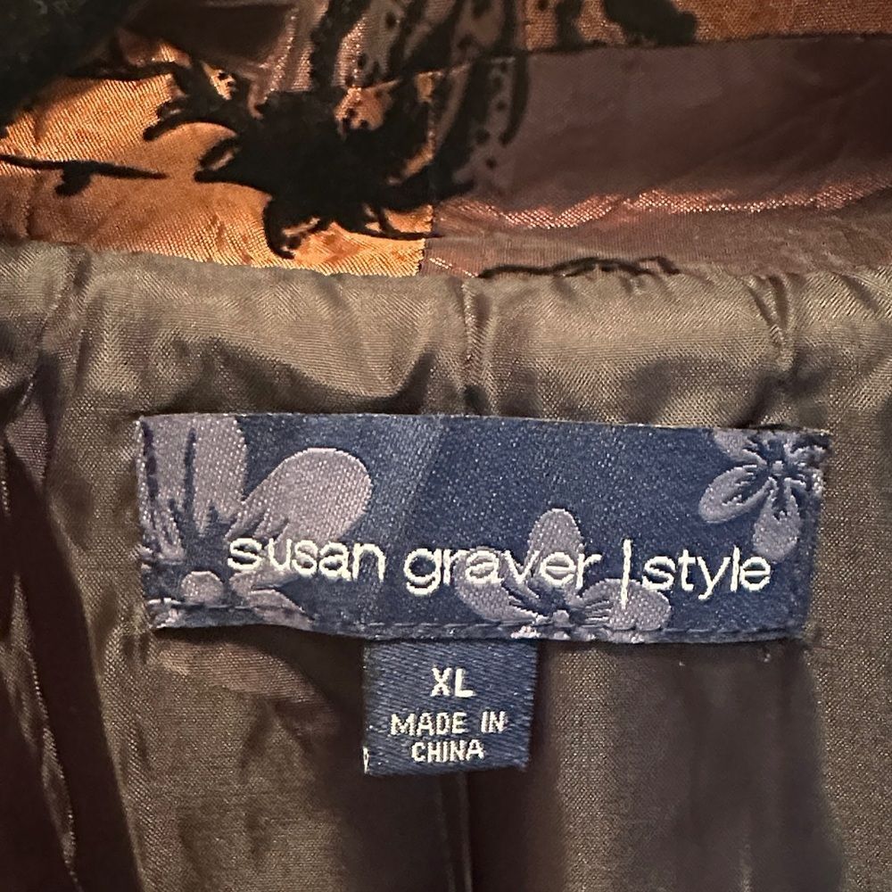 Susan Graver Copper Brown and Black Floral Blazer Satin/Velvet Size XL - Picture 2 of 4